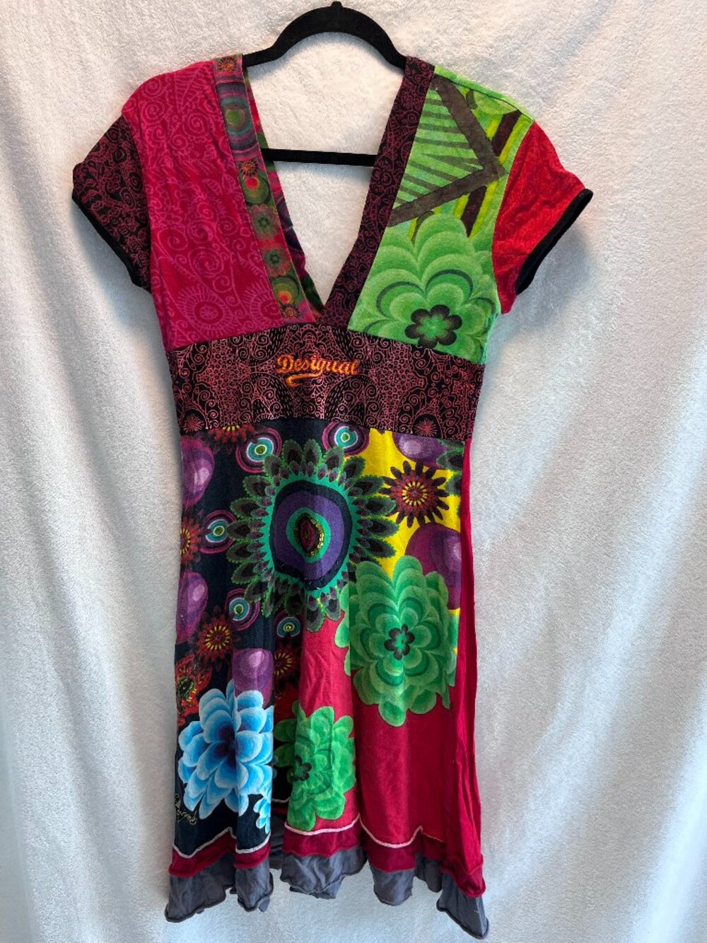 Desigual Red Multicolor Patchwork Mini Dress Cap Sleeve Sequin Detail | Size M